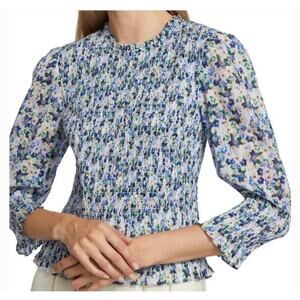 Veronica Beard Kali smocked top in cobalt multi print